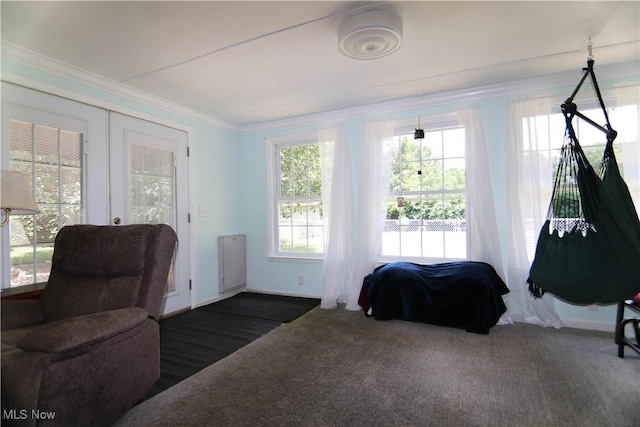 102 Chippewa Dr, Marietta, OH 45750 - sitting room featuring dark carpet, french doors, and crown molding