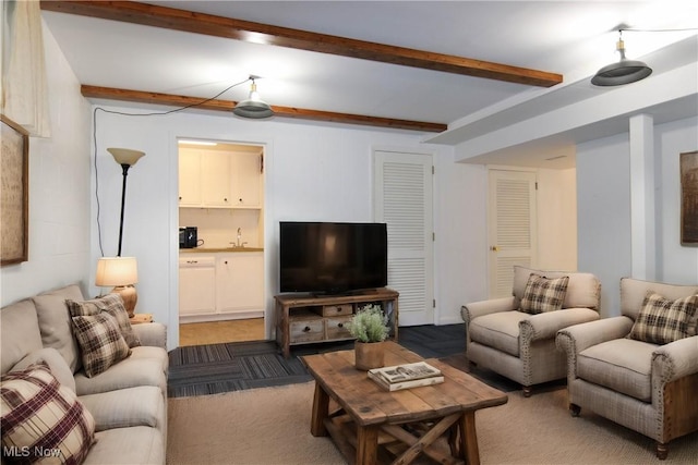 102 Chippewa Dr, Marietta, OH 45750 - carpeted living room featuring beamed ceiling