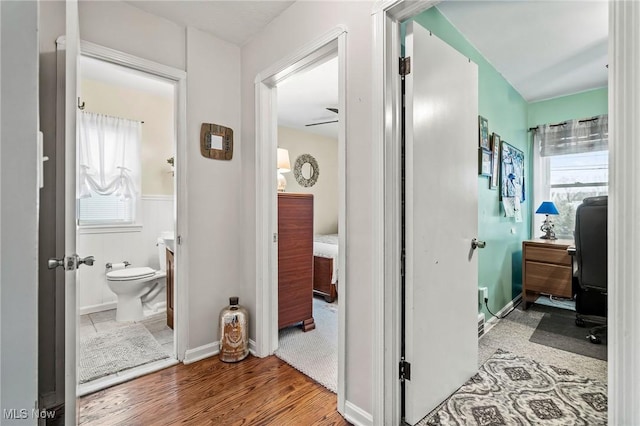 hallway with hardwood / wood-style flooring