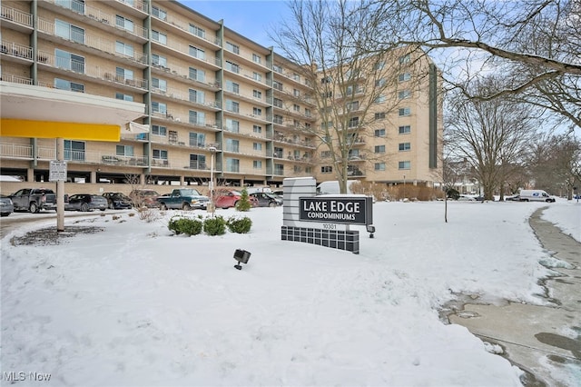 view of snow covered building