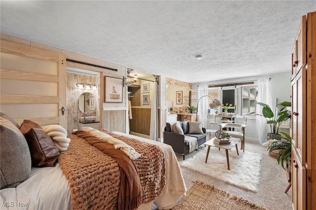 bedroom featuring carpet and a textured ceiling