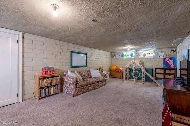 living area with carpet and a textured ceiling