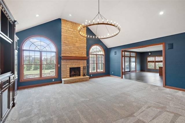 6470 Aberdeen Ln, Medina, OH 44256 - unfurnished living room featuring carpet floors, a chandelier, baseboards, recessed lighting, and high vaulted ceiling