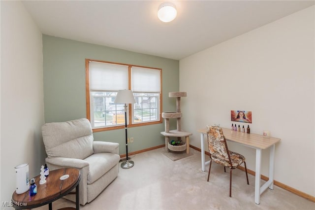 office area with light carpet and baseboards