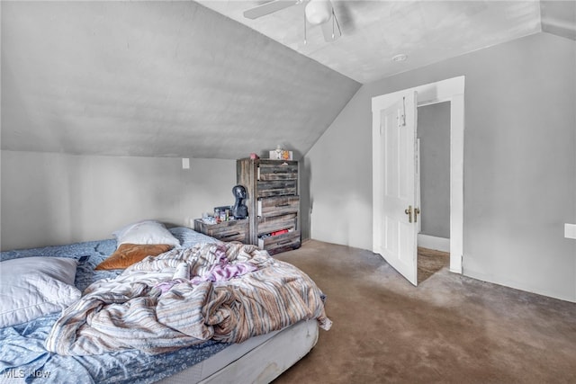 carpeted bedroom with lofted ceiling and ceiling fan