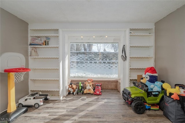 playroom with wood-type flooring and a textured ceiling