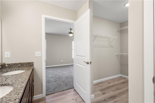 interior space featuring ceiling fan, a sink, and light wood-style floors