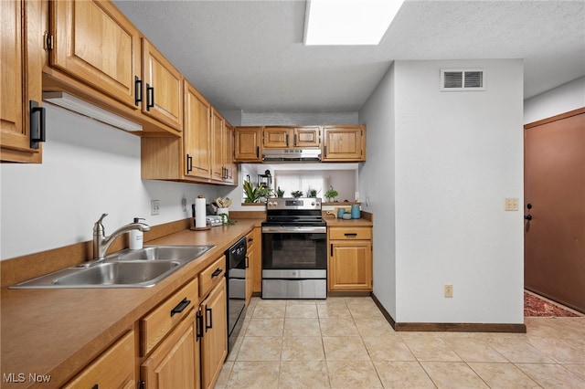 kitchen featuring black dishwasher, visible vents, stainless steel electric range, under cabinet range hood, and a sink