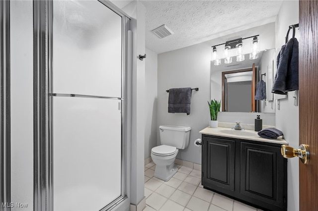 bathroom featuring a textured ceiling, vanity, visible vents, a shower stall, and tile patterned floors