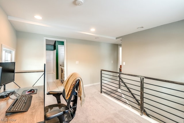 office featuring baseboards, light colored carpet, and recessed lighting