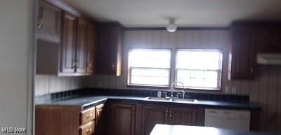 kitchen featuring dark countertops, white dishwasher, and a sink