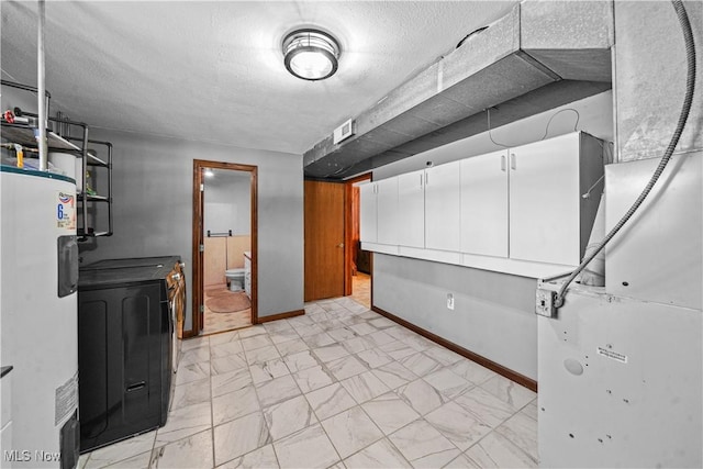 basement with marble finish floor, baseboards, water heater, and visible vents