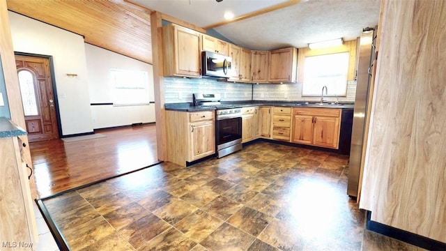 kitchen with decorative backsplash, dark countertops, lofted ceiling, stainless steel appliances, and a sink