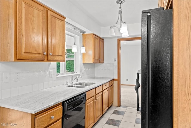 19951 Fairmount Blvd, Shaker Heights, OH 44118 - kitchen with black appliances, tasteful backsplash, a sink, and hanging light fixtures