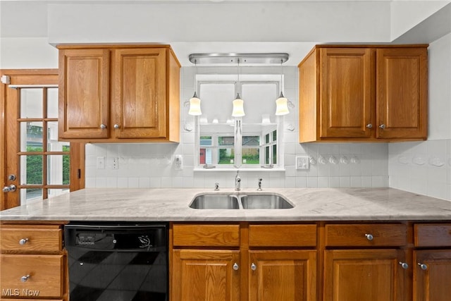 19951 Fairmount Blvd, Shaker Heights, OH 44118 - kitchen featuring dishwasher, a sink, decorative backsplash, light stone counters, and brown cabinets