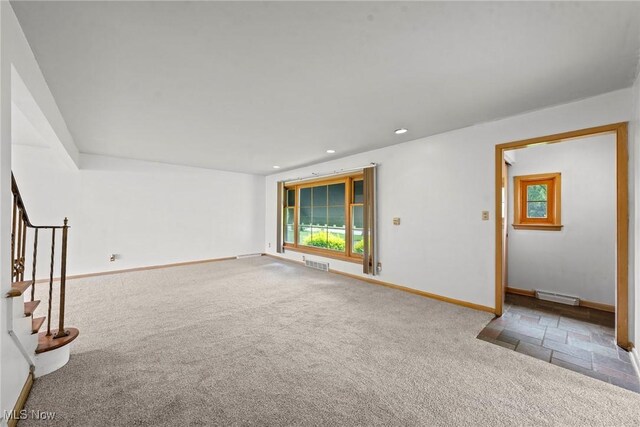 19951 Fairmount Blvd, Shaker Heights, OH 44118 - unfurnished living room with baseboards, carpet flooring, recessed lighting, and stairs