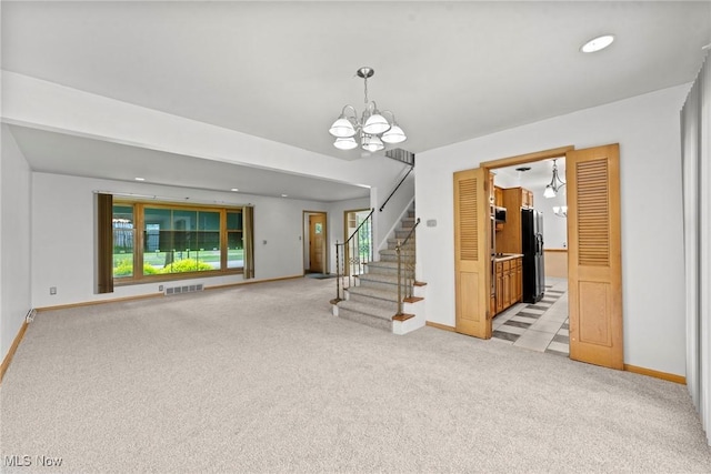 19951 Fairmount Blvd, Shaker Heights, OH 44118 - spare room with baseboards, a chandelier, light colored carpet, stairs, and recessed lighting