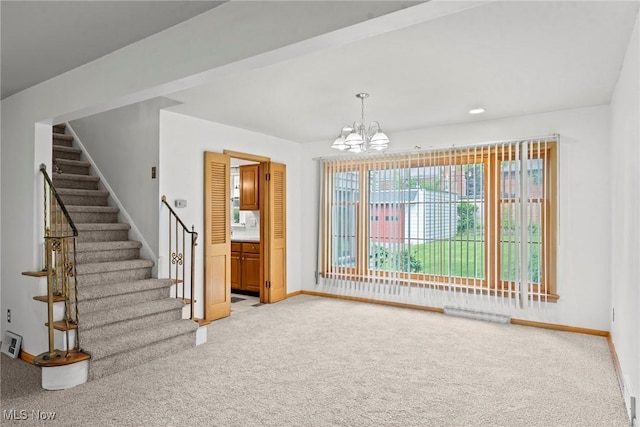 19951 Fairmount Blvd, Shaker Heights, OH 44118 - unfurnished dining area with light carpet, a chandelier, baseboards, and stairs
