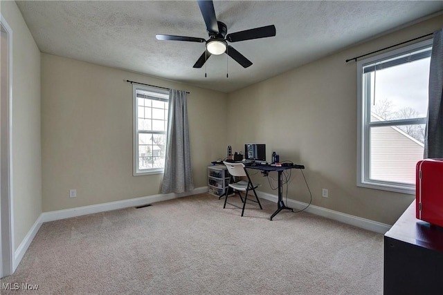 office featuring light carpet, a textured ceiling, visible vents, and baseboards