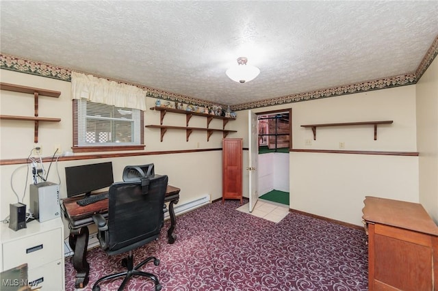 office area with baseboard heating, a textured ceiling, and carpet