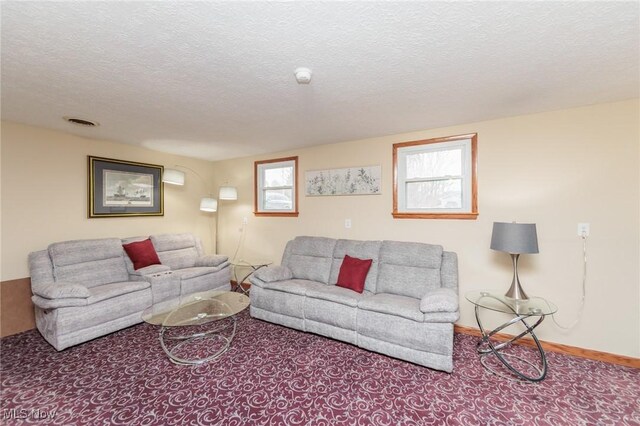 carpeted living area with a textured ceiling, a healthy amount of sunlight, visible vents, and baseboards