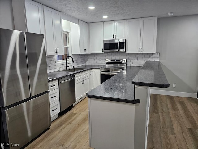 kitchen featuring a peninsula, white cabinetry, appliances with stainless steel finishes, and a sink