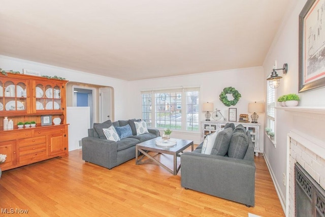 living room featuring light wood-type flooring and a fireplace