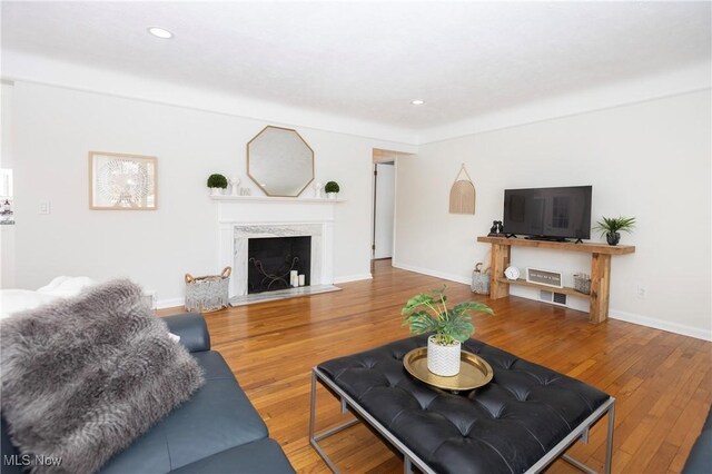 living room with a fireplace, baseboards, wood finished floors, and recessed lighting