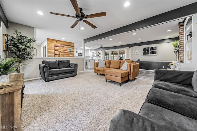 living room featuring recessed lighting and ceiling fan