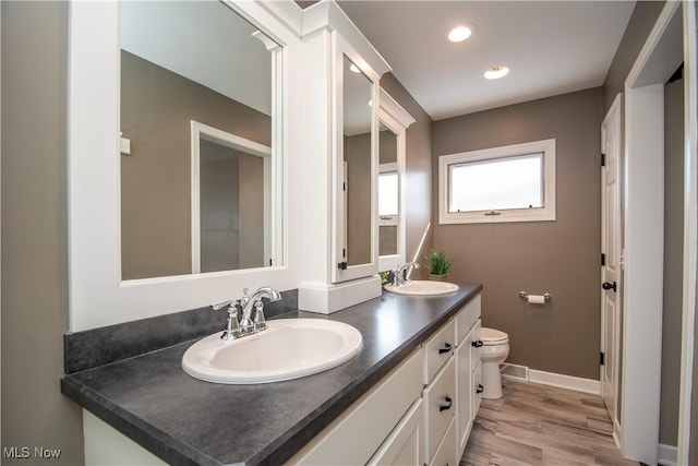 full bath featuring double vanity, baseboards, toilet, and a sink