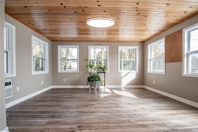 unfurnished room featuring wooden ceiling, wood finished floors, and baseboards