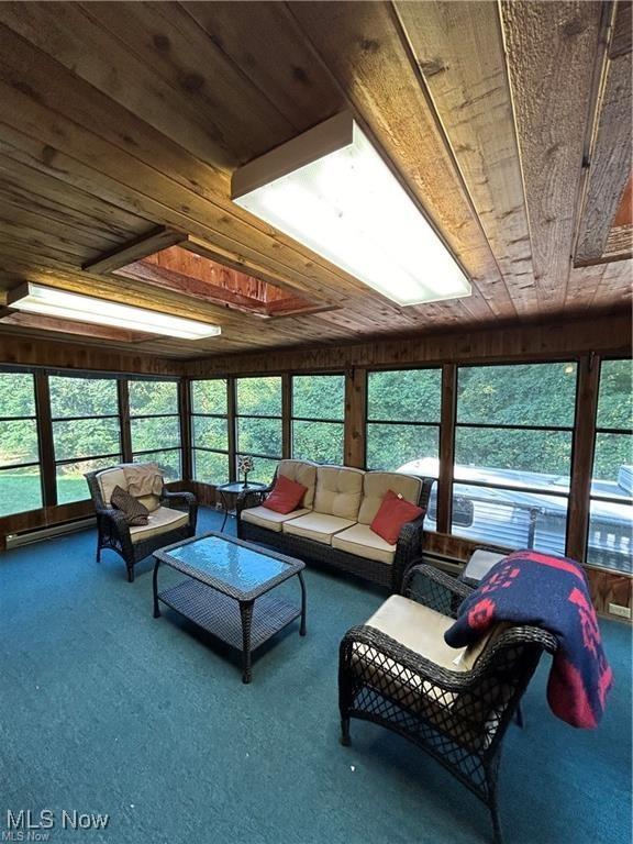 sunroom / solarium featuring plenty of natural light and wooden ceiling