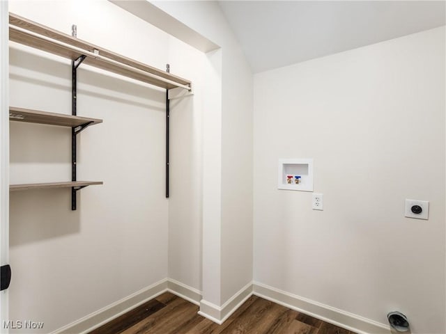 laundry area with dark wood-style floors, laundry area, hookup for a washing machine, and baseboards