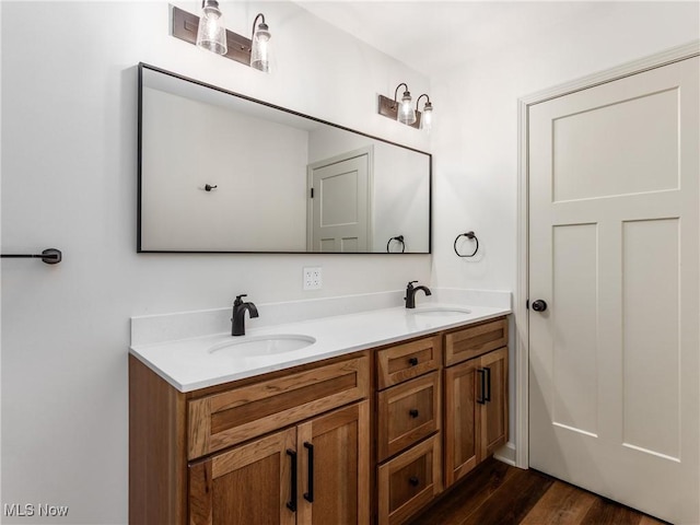 full bathroom featuring double vanity, wood finished floors, and a sink