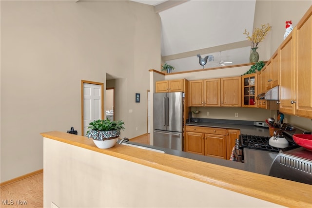 kitchen with high vaulted ceiling, stainless steel appliances, a sink, dark countertops, and glass insert cabinets