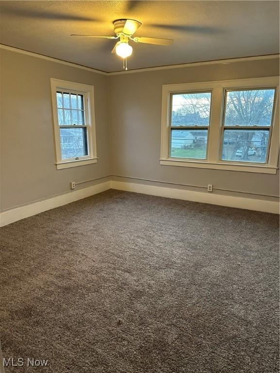 carpeted spare room with ornamental molding, ceiling fan, a textured ceiling, and baseboards
