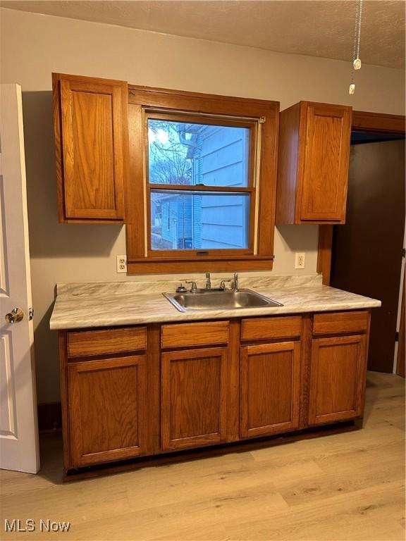 kitchen with light countertops, light wood finished floors, and a sink