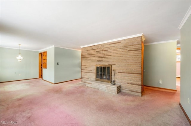 unfurnished living room featuring carpet floors, a brick fireplace, ornamental molding, and baseboards