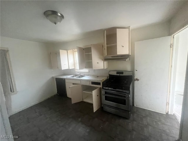 kitchen with stainless steel gas range oven, under cabinet range hood, a sink, tile counters, and open shelves