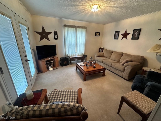 carpeted living area with a textured ceiling and french doors