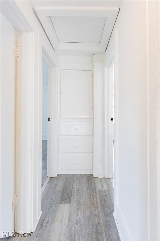 hall featuring attic access and wood finished floors