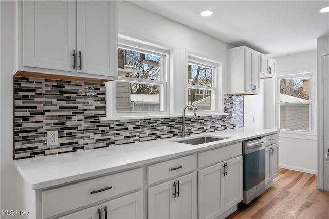 kitchen with a wealth of natural light, backsplash, white cabinets, a sink, and dishwasher