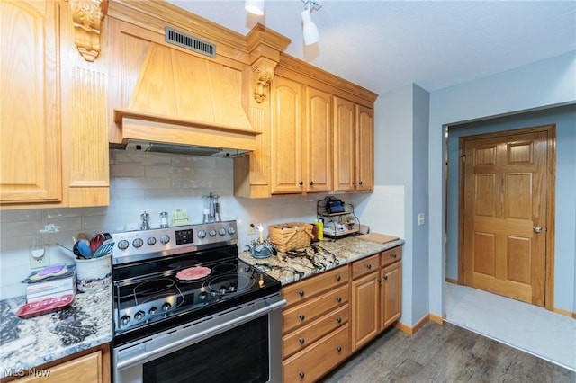 kitchen with light stone countertops, visible vents, stainless steel electric range, custom exhaust hood, and decorative backsplash