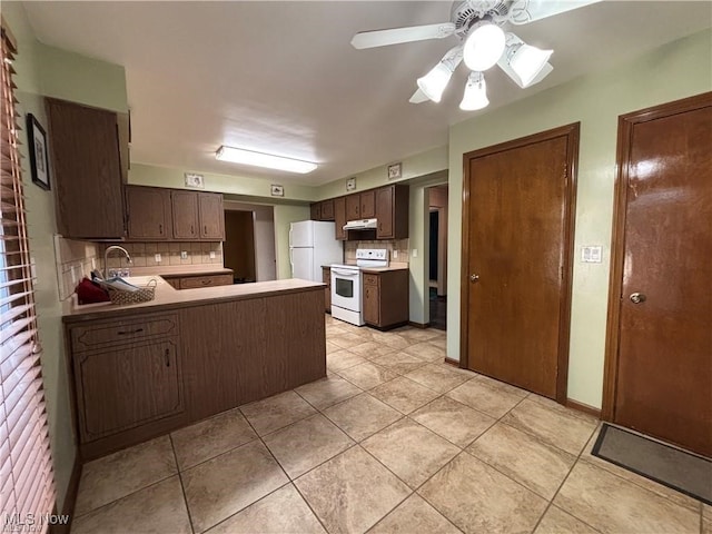 kitchen featuring decorative backsplash, dark brown cabinetry, white appliances, a peninsula, and under cabinet range hood