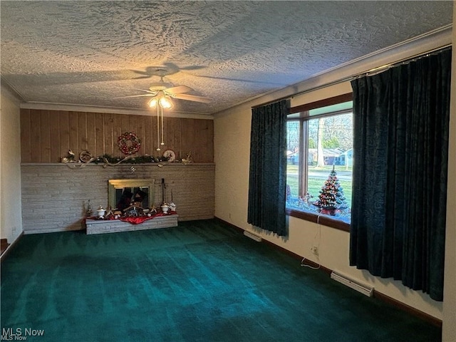 unfurnished living room featuring dark colored carpet, visible vents, a fireplace, and a textured ceiling