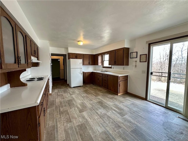 kitchen with light wood-style flooring, under cabinet range hood, light countertops, dark brown cabinets, and freestanding refrigerator