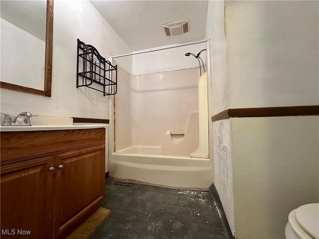 bathroom with toilet, visible vents, shower / washtub combination, and vanity