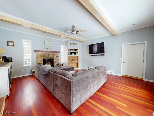 living area featuring beam ceiling, baseboards, crown molding, and dark wood-style flooring