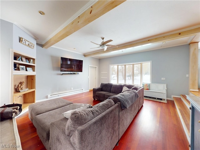 living room featuring ornamental molding, baseboard heating, wood finished floors, and beam ceiling