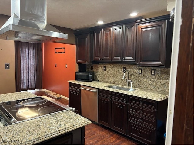 kitchen with cooktop, dishwasher, a sink, island exhaust hood, and backsplash